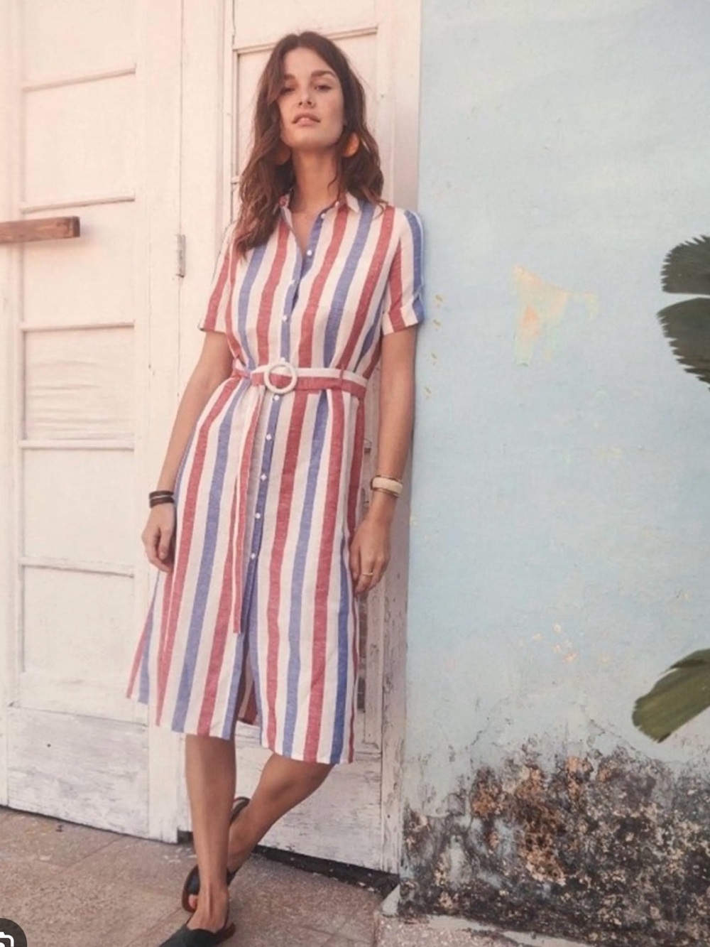 Sezane Lexia Red White and Blue Striped Linen Shirt Dress with Belt - sz 36